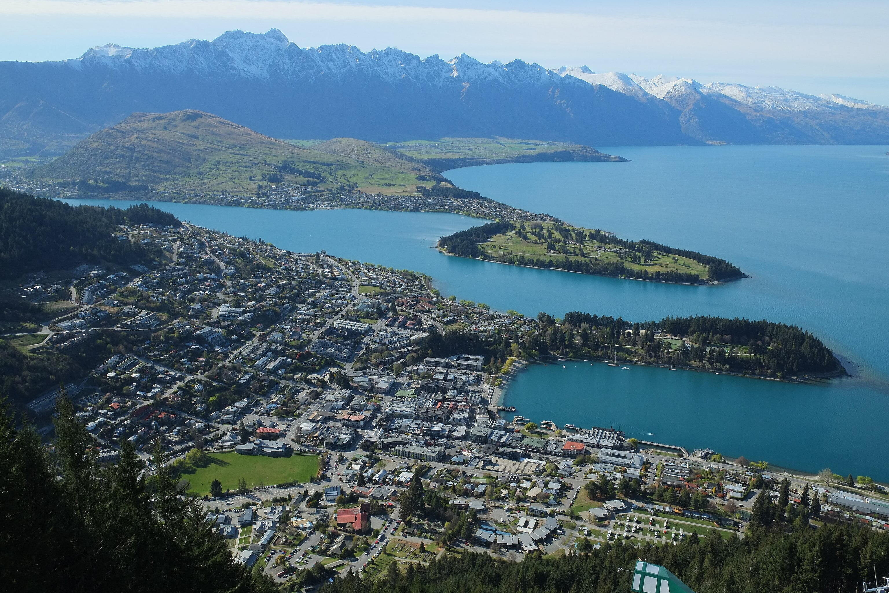 Queenstown - Morning view from lookout over Queenstown towards the Remarkables in spring