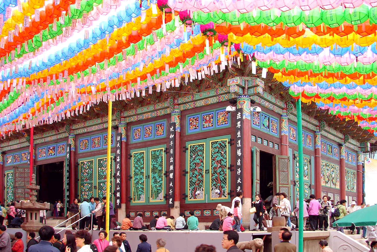 Jogyesa during Buddha's Birthday Fesitval.  Jogyesa is the headquarters of the Jogye Order of Korean Buddhism playing the defining role of Seon Buddhism in South Korea. The temple was first established in 1395, at the dawn of the Joseon Dynasty. Natural monument 9, an ancient white pine tree, is located within the temple grounds.