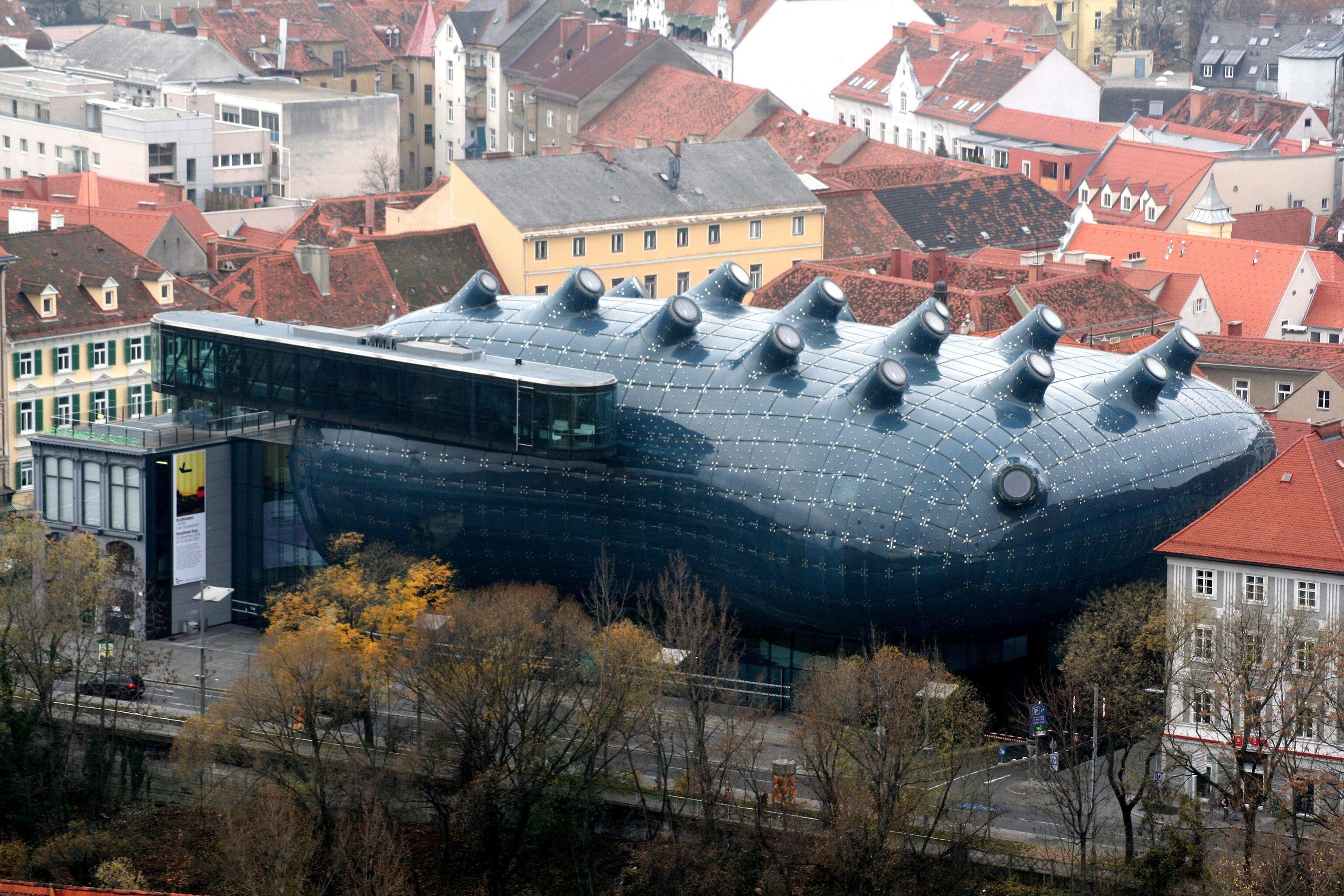 Kunsthaus in Graz, Austria; seen from Schlossberg