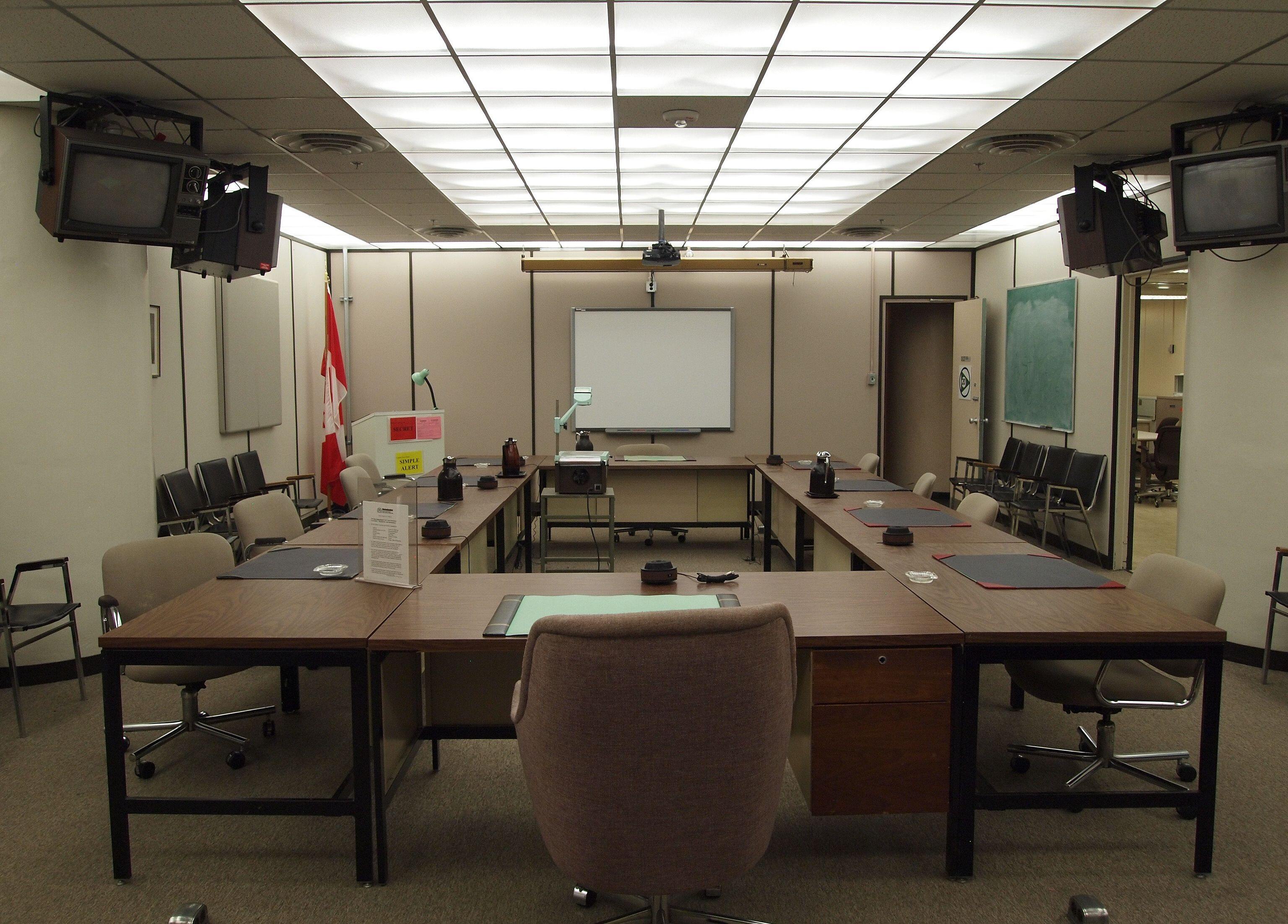 The main conference room inside the Diefenbunker, an underground bunker, to provide continuity of Canada's government activities that were legal and constitutional in case of a nuclear attack.