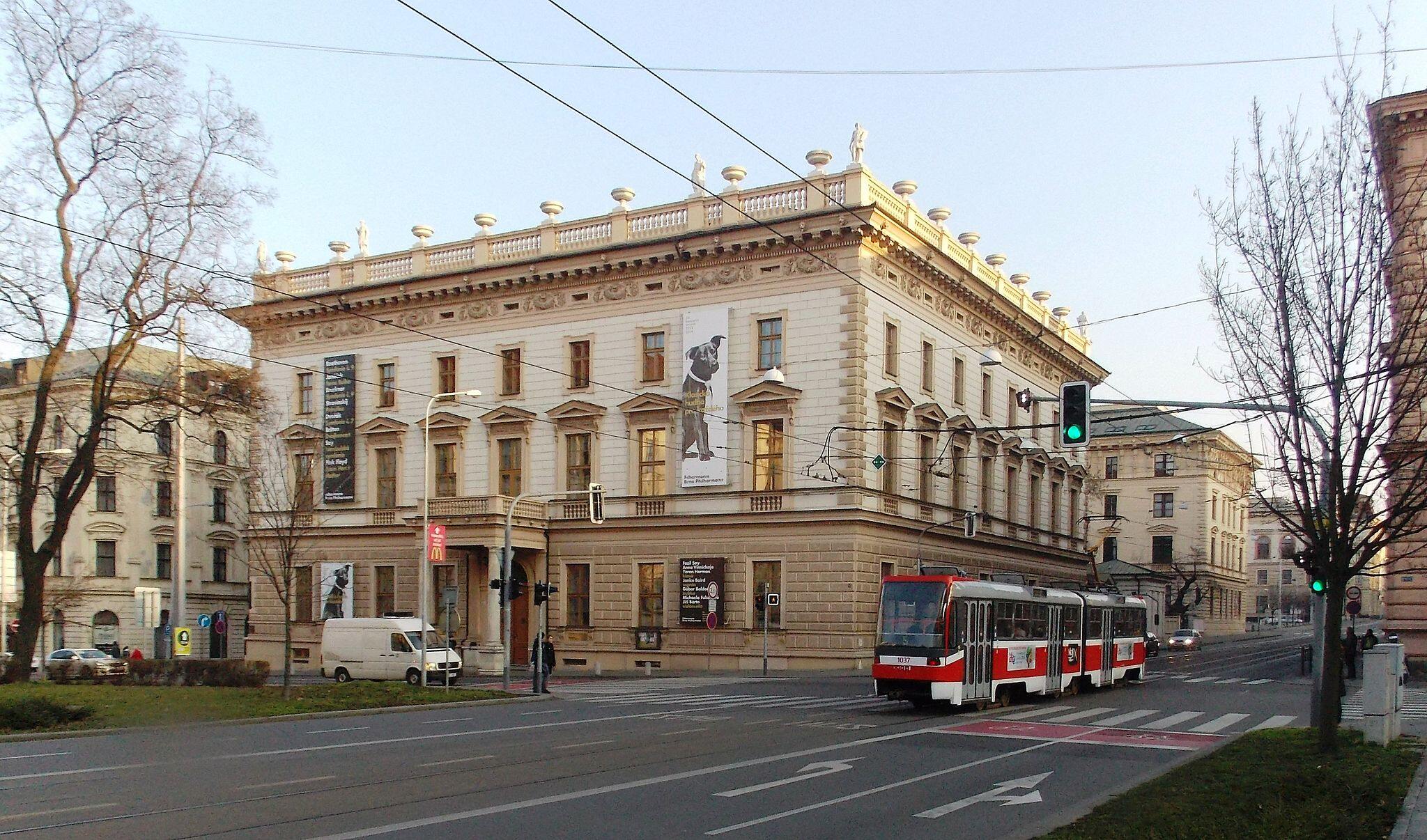 Tram Tatra K2R.03 in front of Besední dům Philharmonic house in Brno (Husova St./Ringstrasse of Brno)