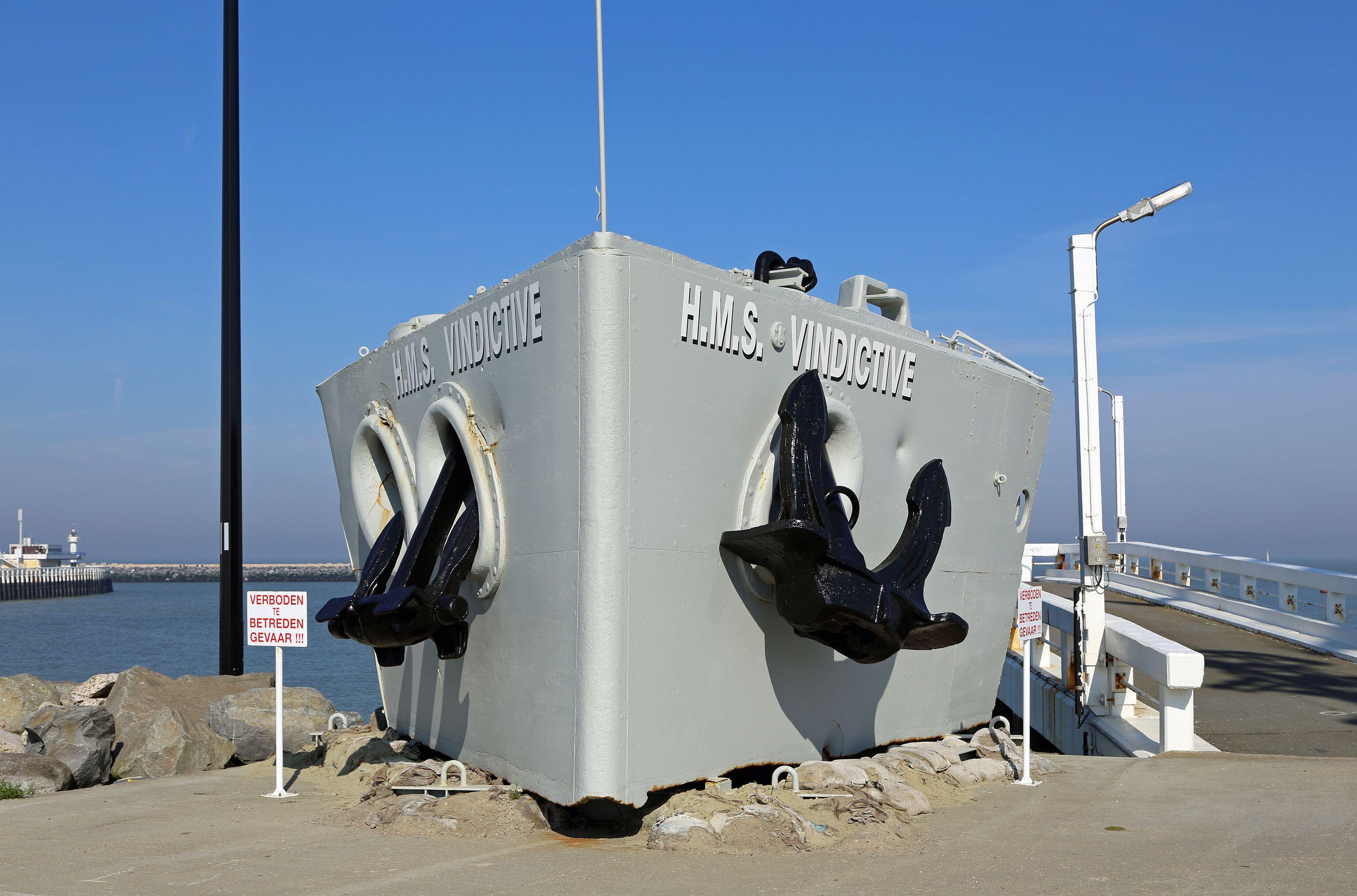 Stem of H.M.S. Vindictive as WW1 memorial in the Staketselstraat in Ostend (Belgium). Later on in 2014 the memorial was moved to an new place, on the…