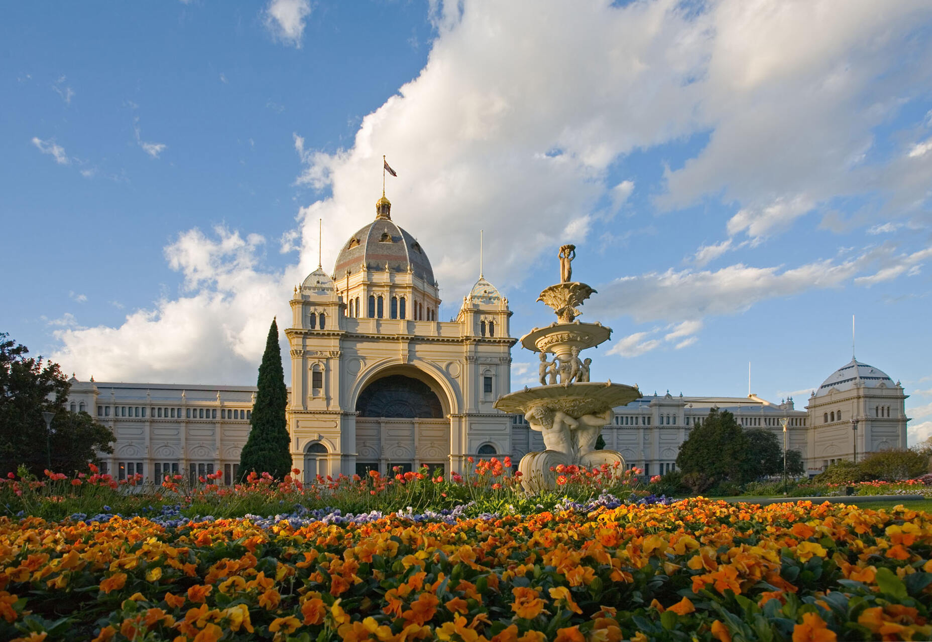 A view of the south-facing side of the Royal Exhibition Building in Melbourne, Australia. It was built in 1880 and is the first building to be given a World Heritage Site listing in Australia. This image was taken with a Canon 5D and 17-40mm f/4L lens on 13th of October, 2005.