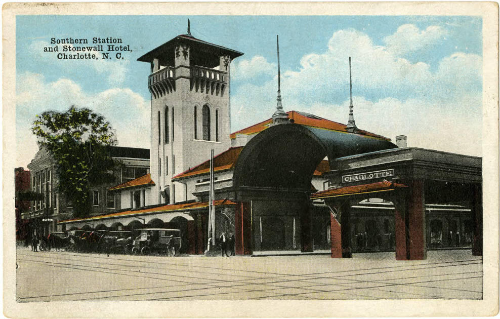 Undated postcard showing the Southern Station and adjacent Stonewall Hotel, once located along West Trade Street in Charlotte, North Carolina.