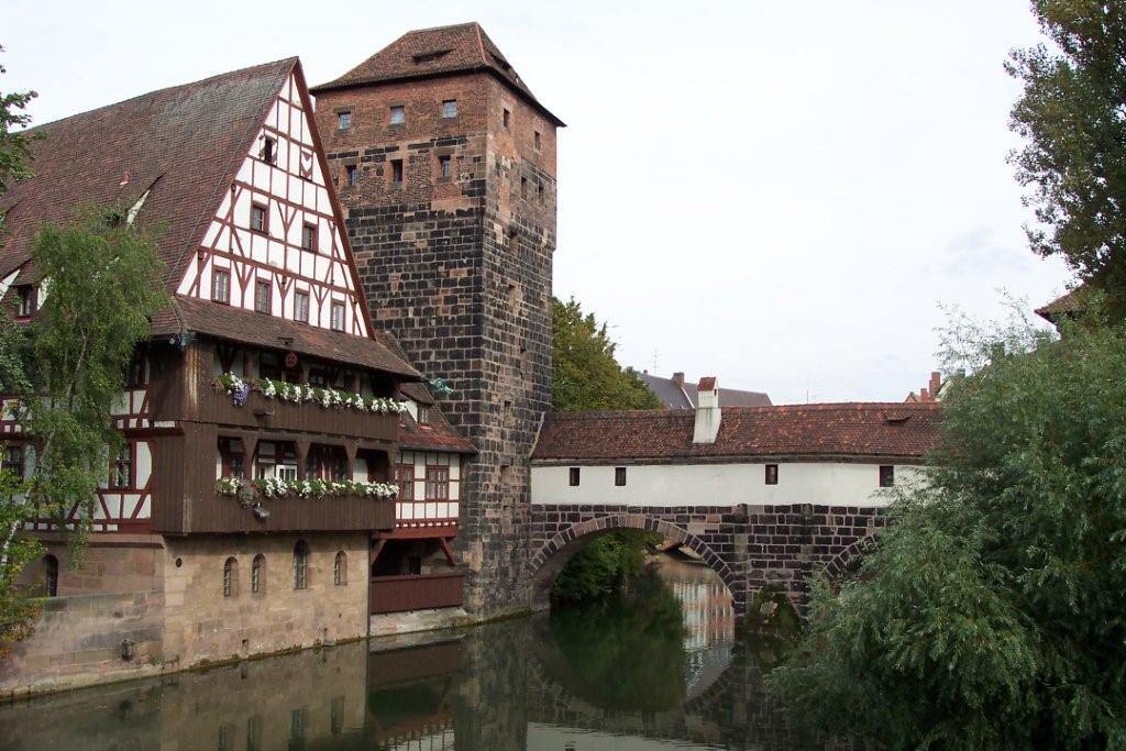 Part of the Hangman's Bridge (Henkersteg; built 1457) in Nuremberg. The city executioner used to live in the tower and the roofed walk above the…