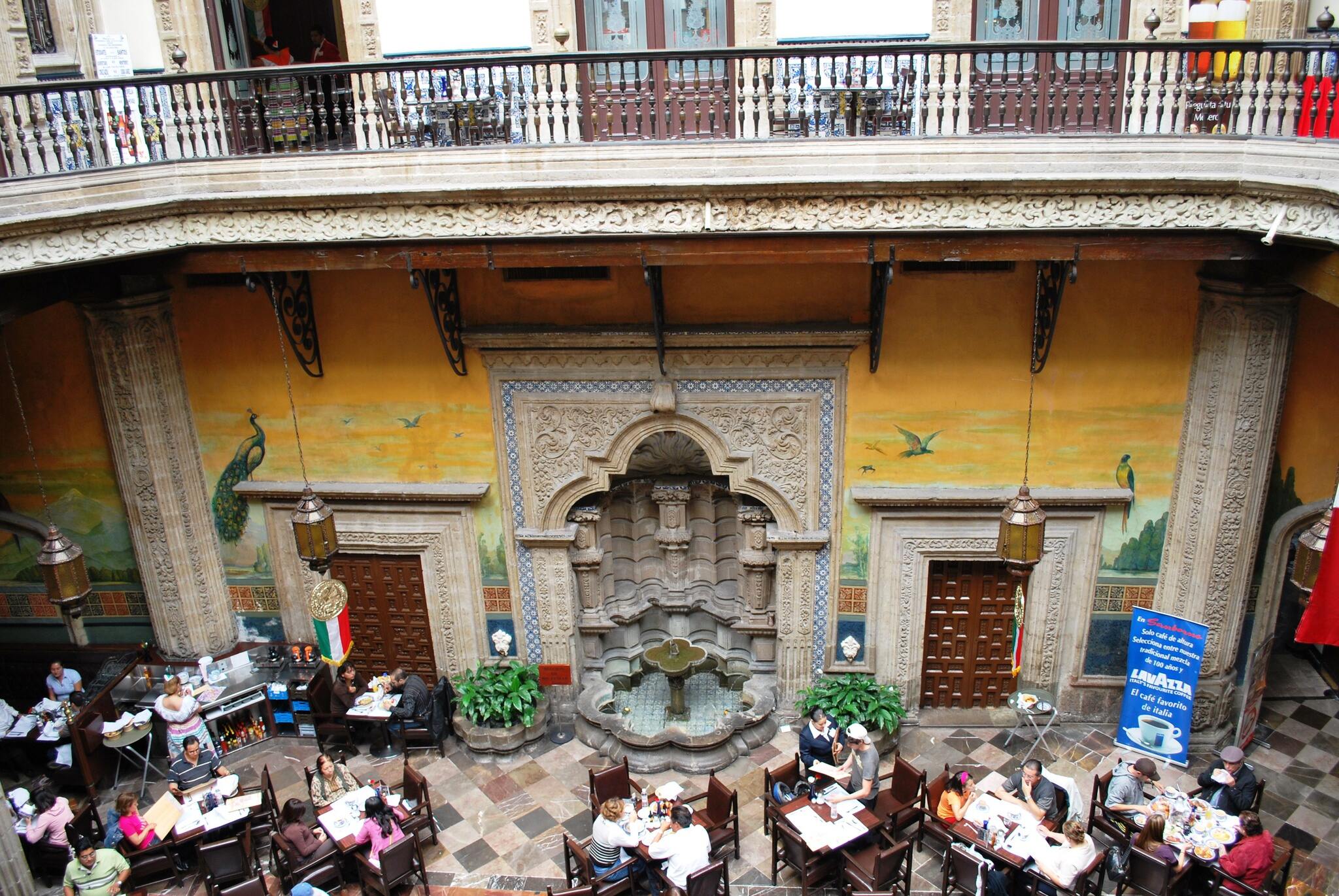 Fountain wall of the courtyard/restaurant area of the Casa de Azulejos in Mexico City's historic center.