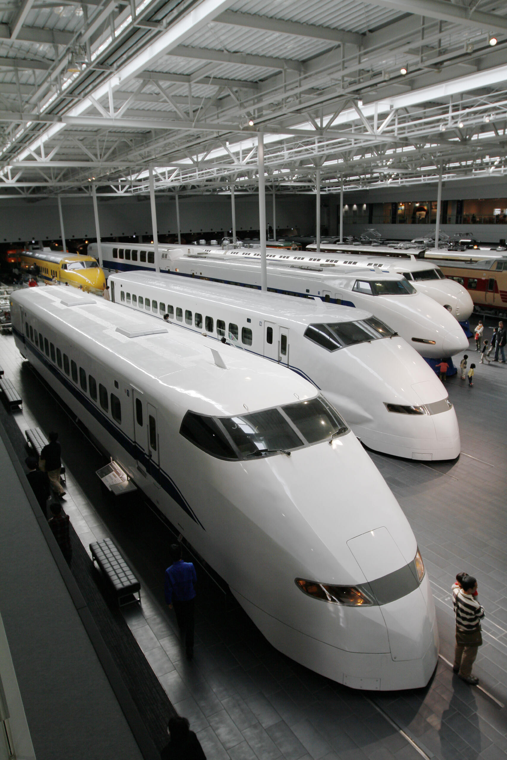 Shinkansen Train Zone at the SCMaglev and Railway Park museum in Nagoya, Japan (From front to rear: 300 series 323-20, 300 series 322-9001, 100…