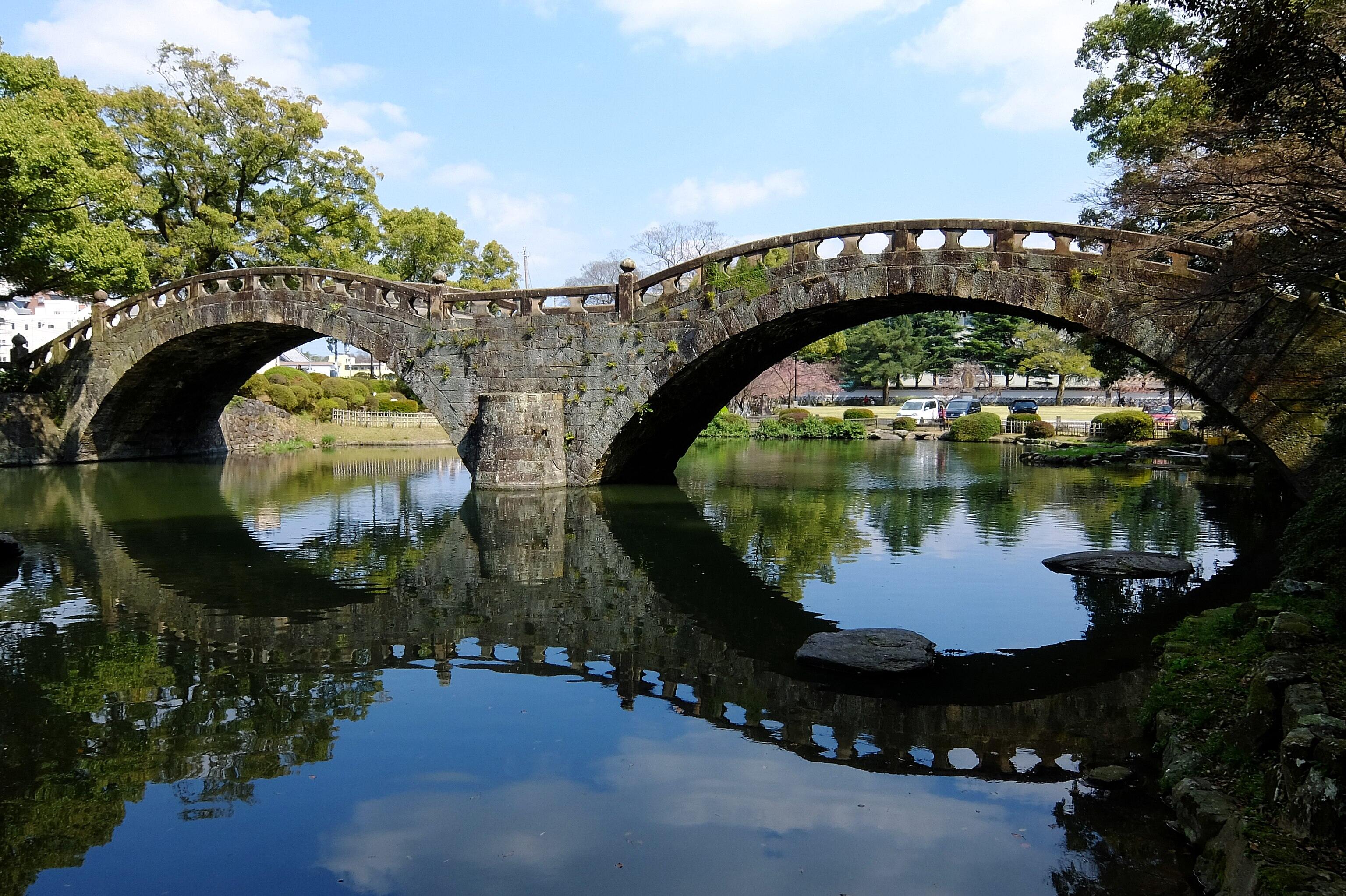 The Megane-bashi of Isahaya Park in Isahaya, Nagasaki prefecture, Japan.