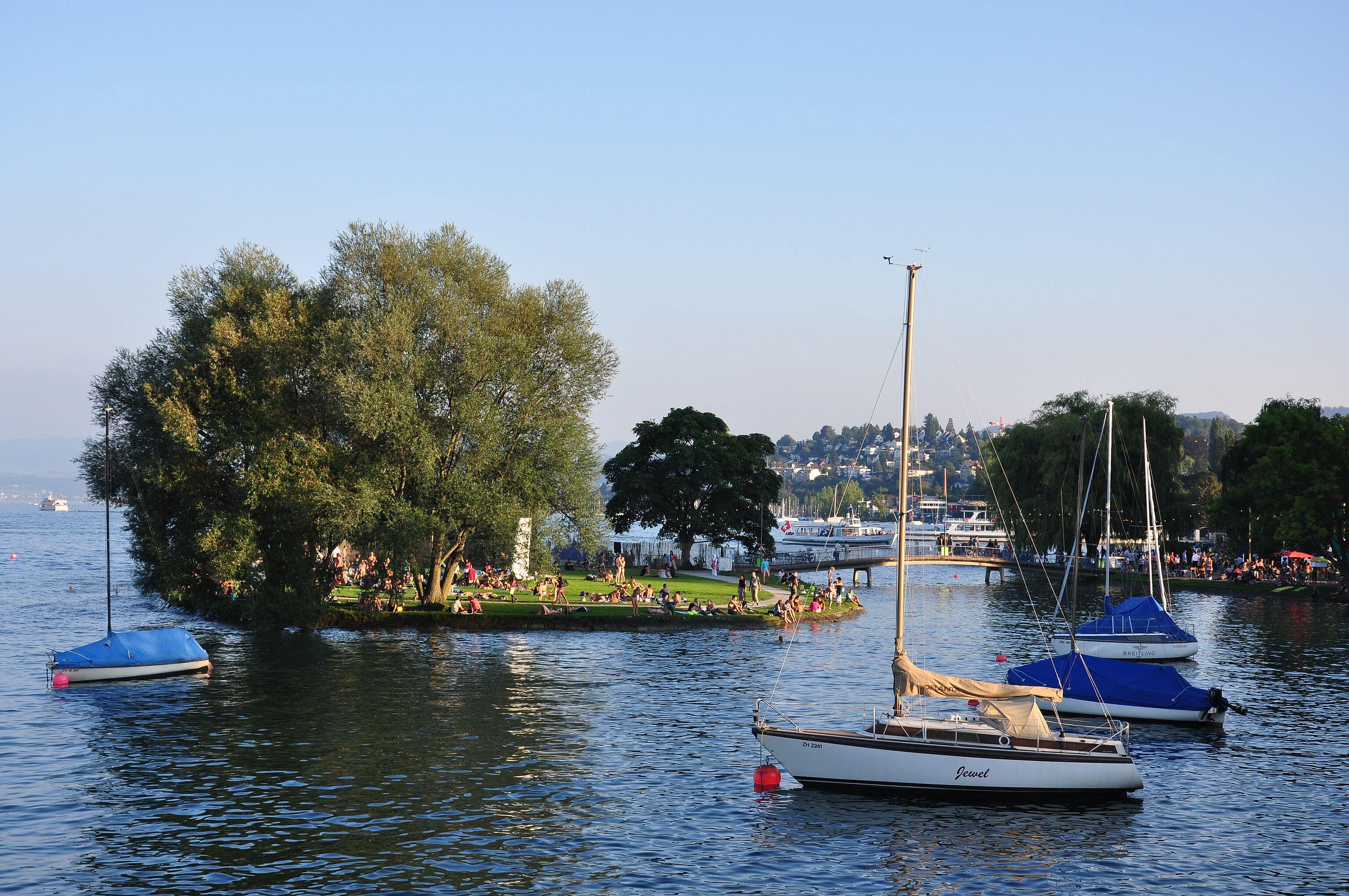 Saffa island on Zürichsee as seen from the Theaterspektakel 2010 in Zürich-Wollishofen, ZSG motorships in the background.