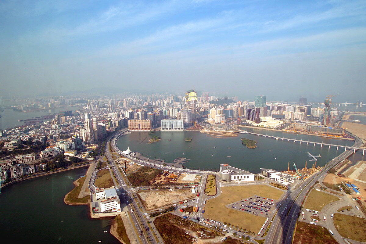 Macau - Once a bay (Bahia Da Praia Grande), after the redevelopment project, Nam Van Lake (South Bay lake) became one of two man made lakes in the Macau Peninsula.