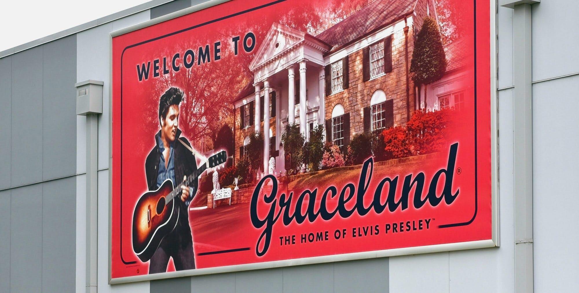 Memphis, TN, USA - September 24, 2019: Entrance to the Graceland complex featuring sign of Elvis
