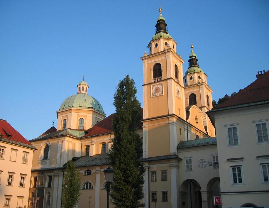 Ljubljana Cathedral, dedicated to Saint Nicholas, from Pogačar Square.