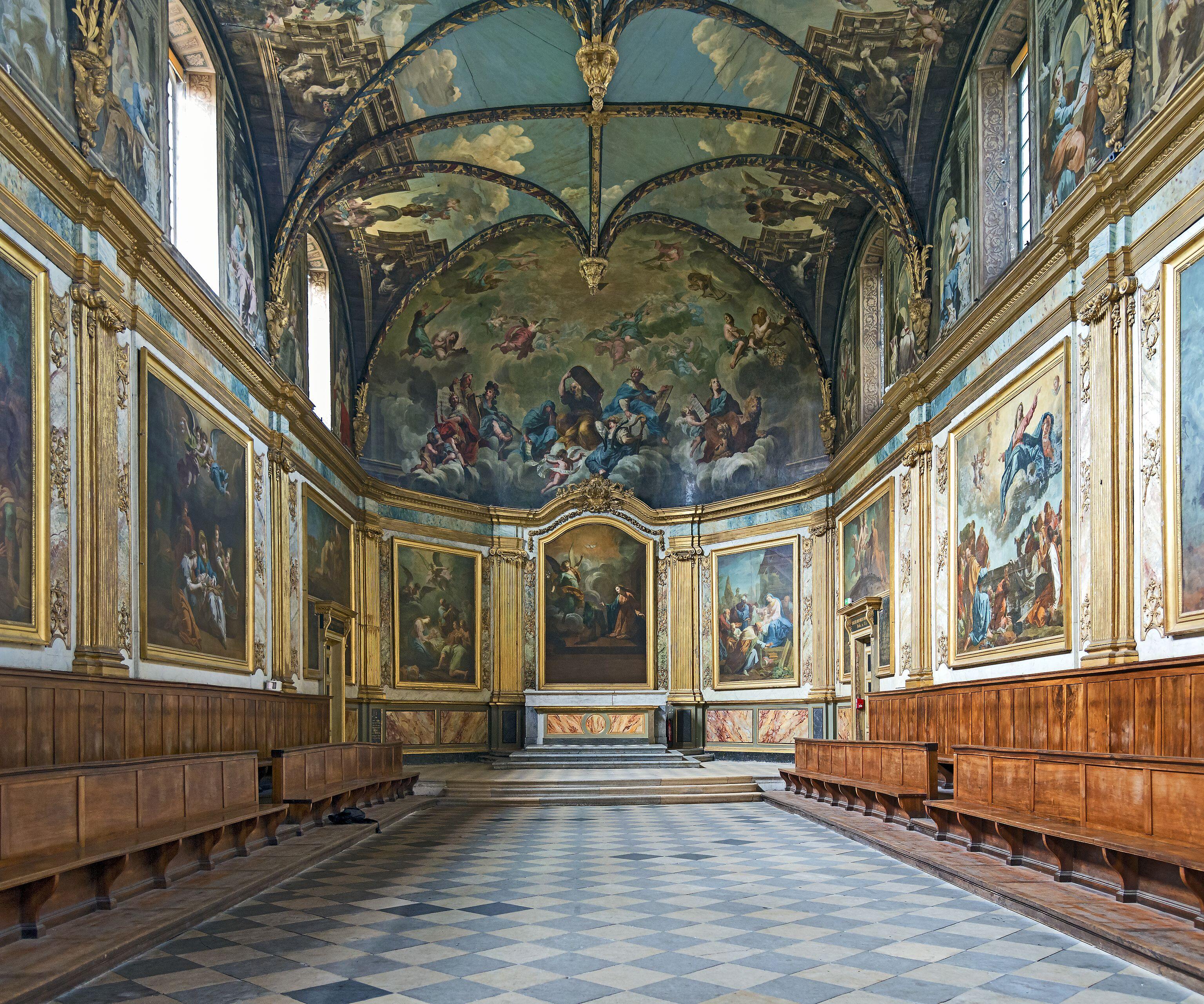 English:  Carmelite chapel built in 1622. Facade,  Perigord street in Toulouse. General view from within: the ceiling and sets by Jean-Pierre Rivalz paintings by Jean-Baptiste Despax.