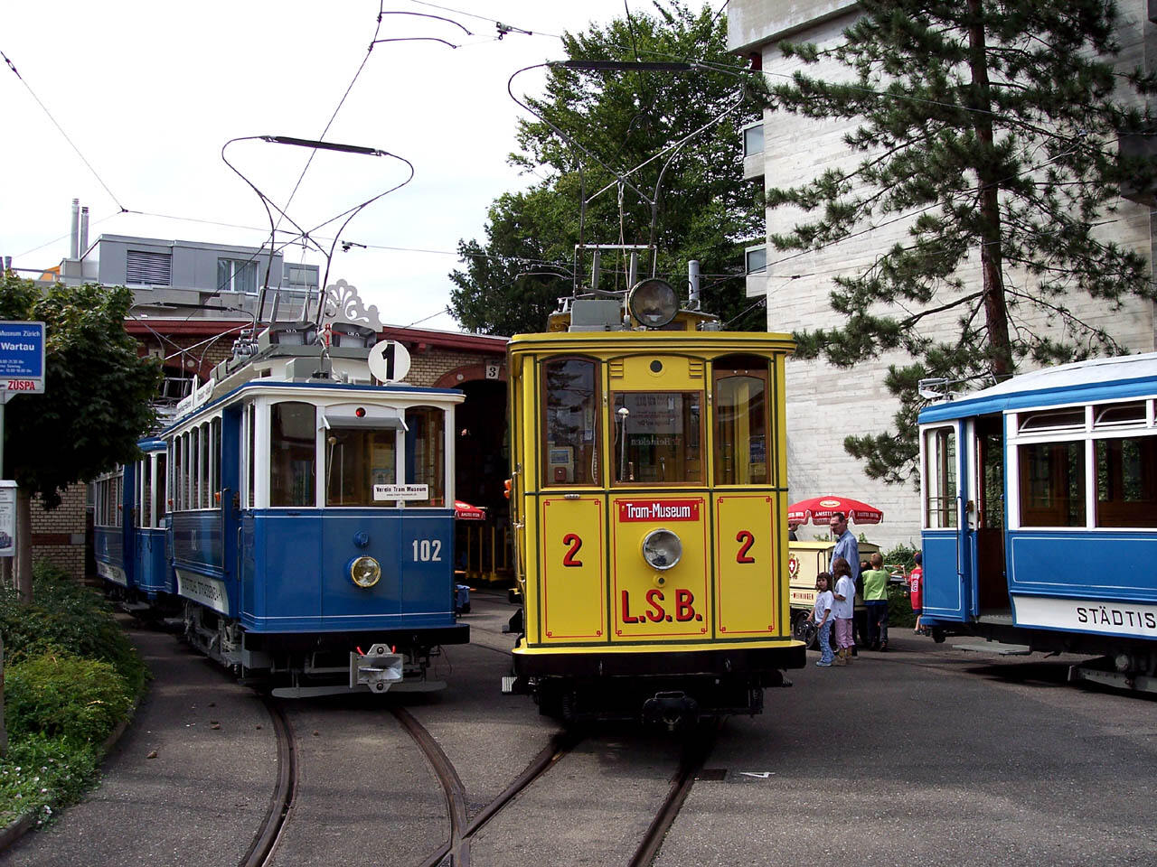 Trams in Zürich: Preserved urban and interurban trams on display outside the old tram museum at Wartau. The museum has since relocated to Burgwies.