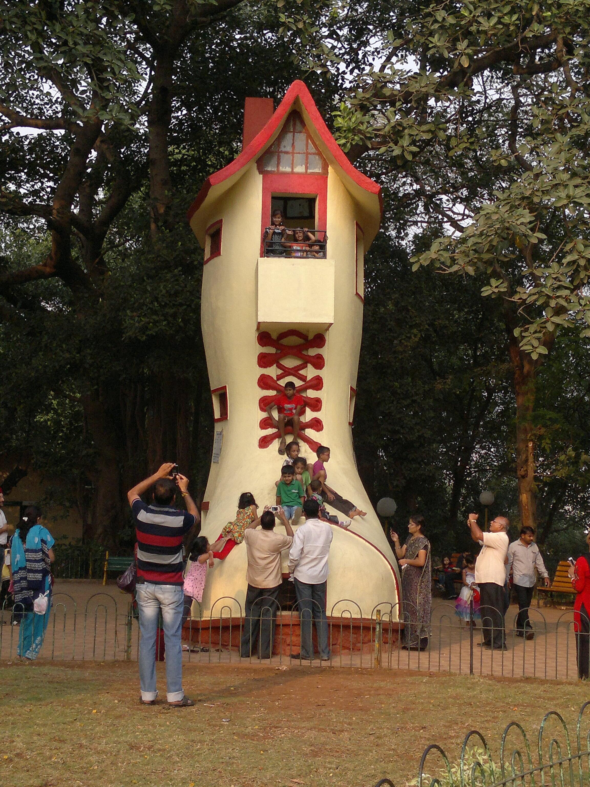 The shoe structure is inspired by the nursery rhyme There was an Old Woman Who Lived in a Shoe.