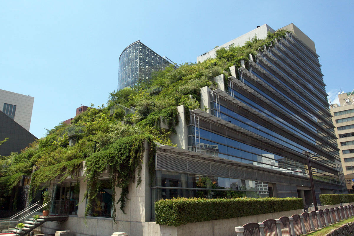 Acros Fukuoka building with Roof garden, in Fukuoka city, Japan.