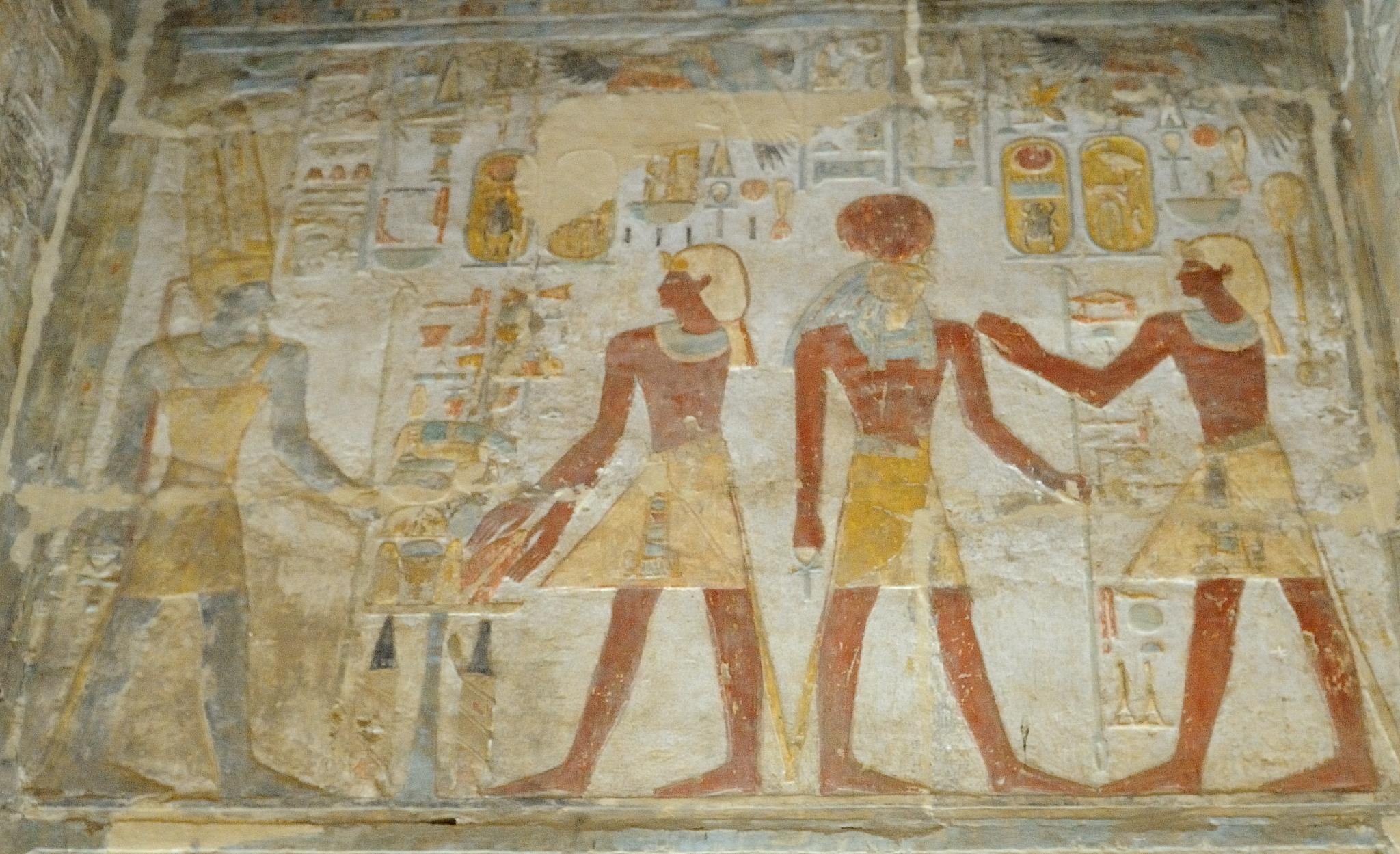 A fine and brightly coloured relief of the kings Thutmose III and Amenhotep II before the gods at Amada Temple in Nubia.