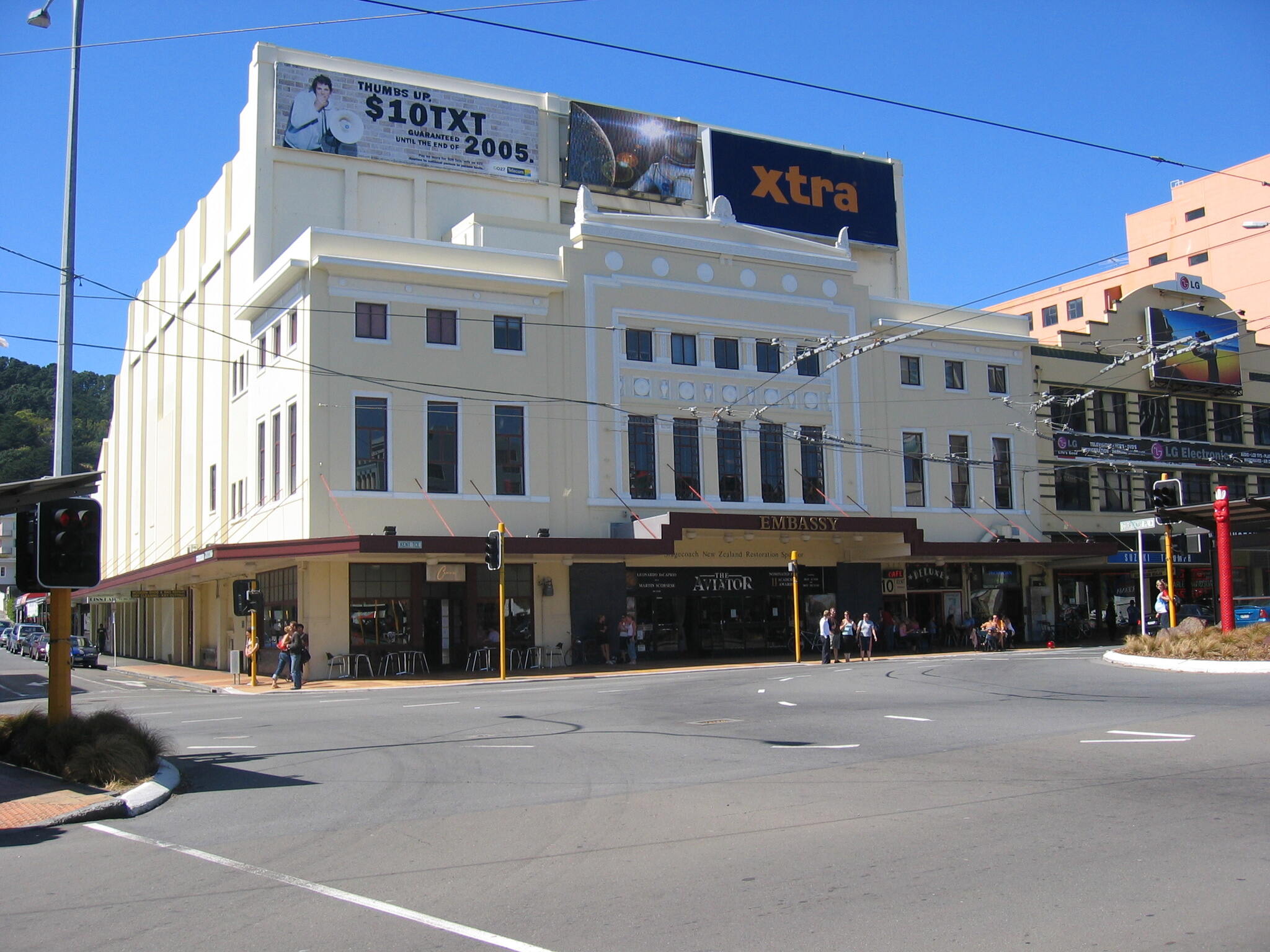 A daytime shot of the Embassy Theatre in Wellington, New Zealand, looking east on Courtenay Place